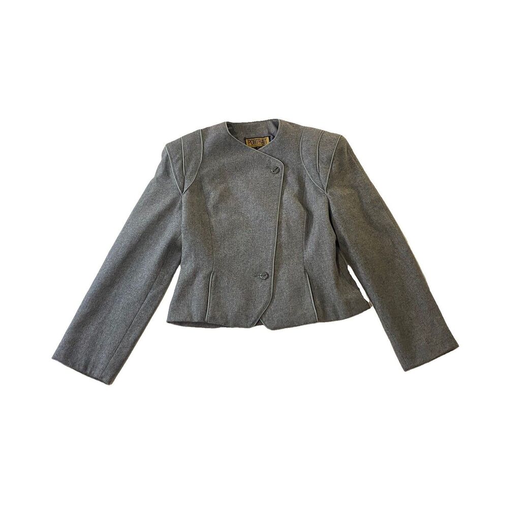 VTG 80s 90s Portrait Gray Wool Blend Asymmetric Button Jacket Blazer Women 11/12